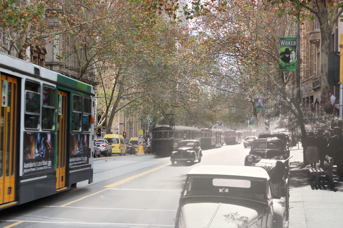 Trams queued along Elizabeth Street