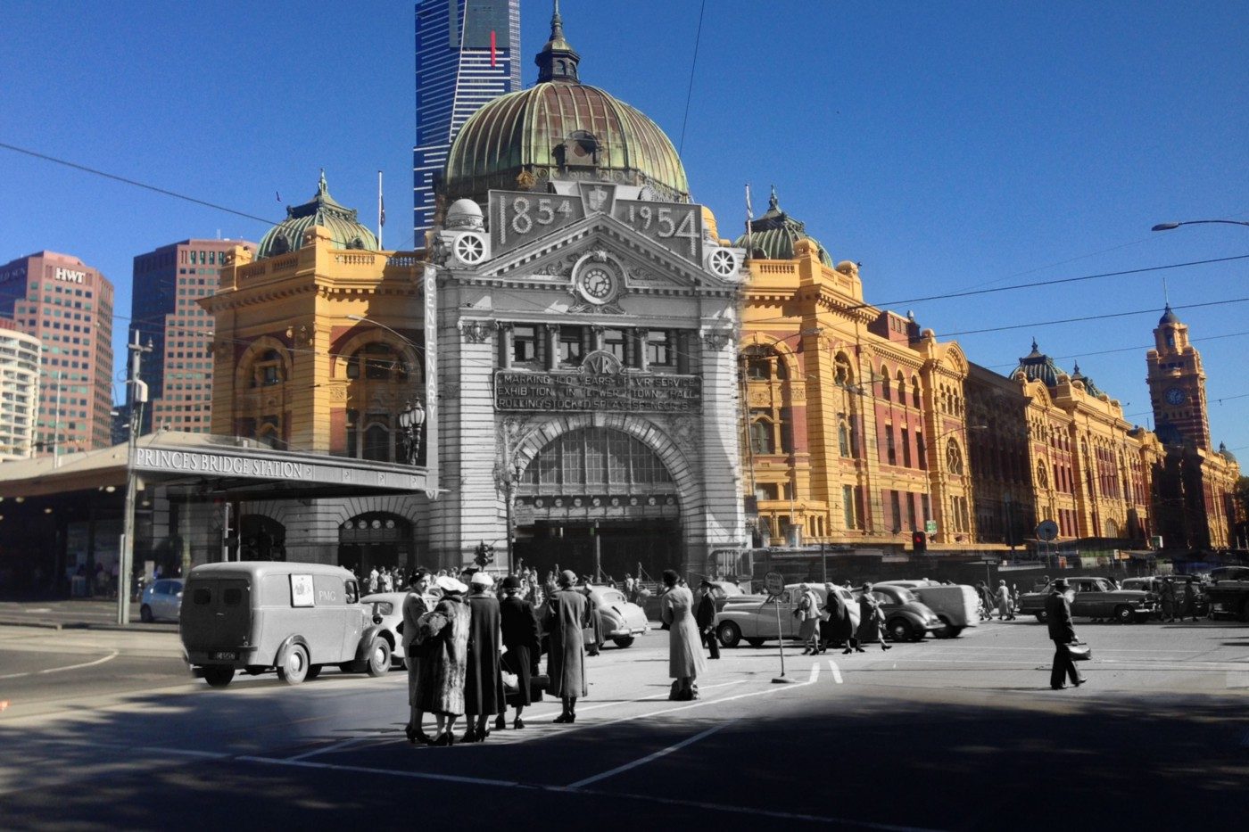 Flinders Street Station with the 1854–1954 Victorian Railways centenary banner